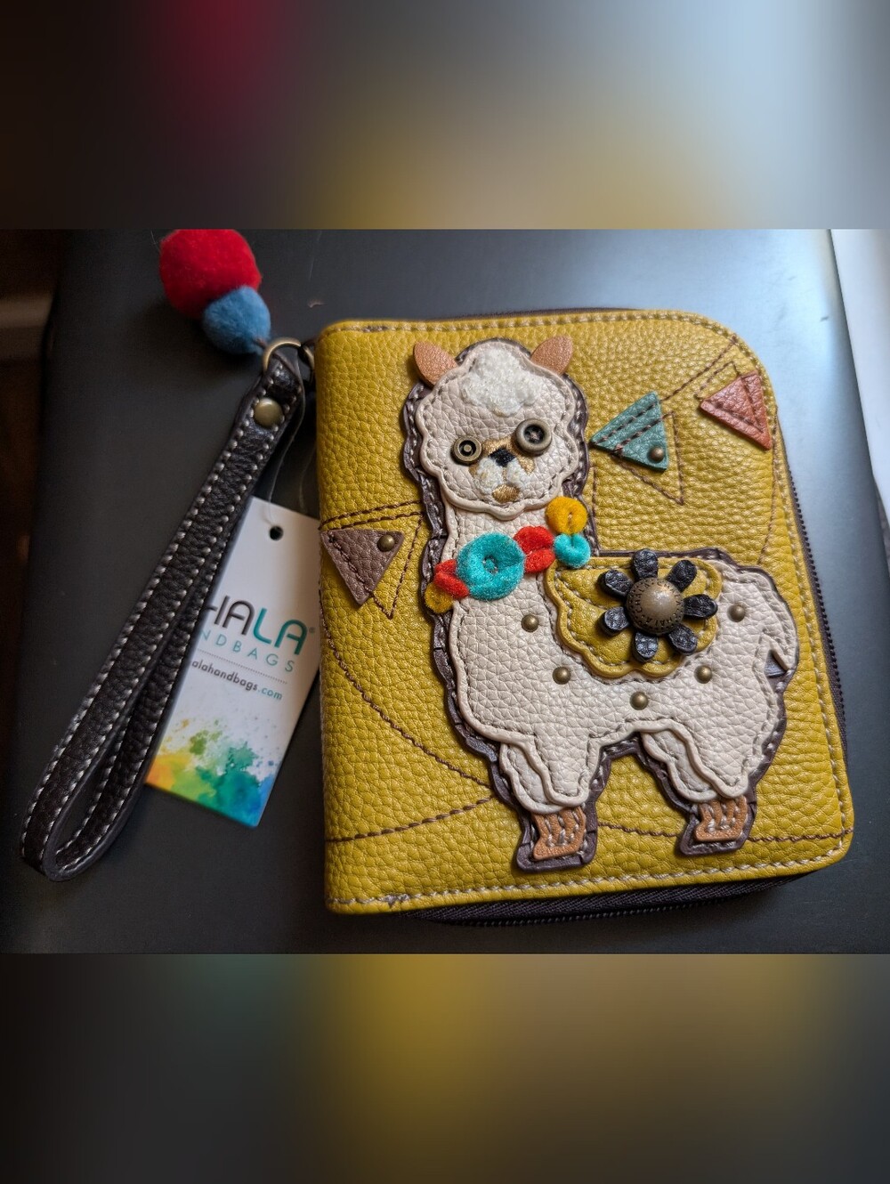 Chala Yellow Llama Wristlet Wallet with Pom Accent
